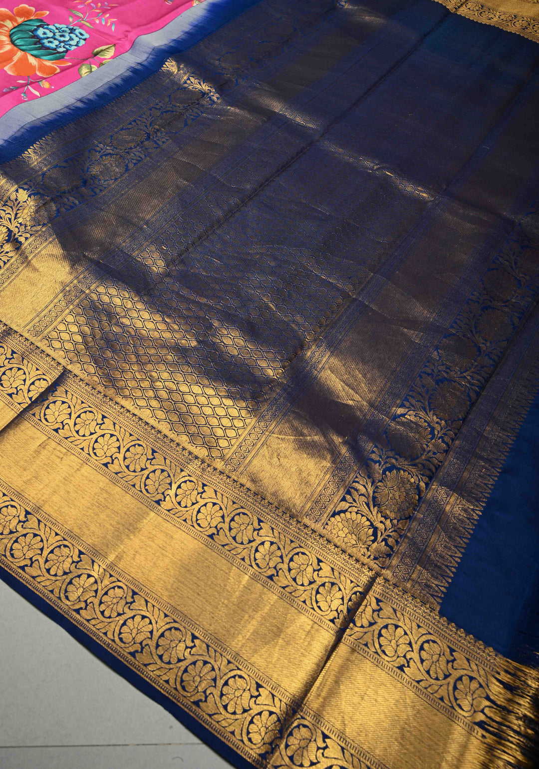 Pink Pure Kanjivaram Silk Saree with Floral Digital Print and Contrast Zari Border | SILK MARK CERTIFIED | Shobitam (Copy)
