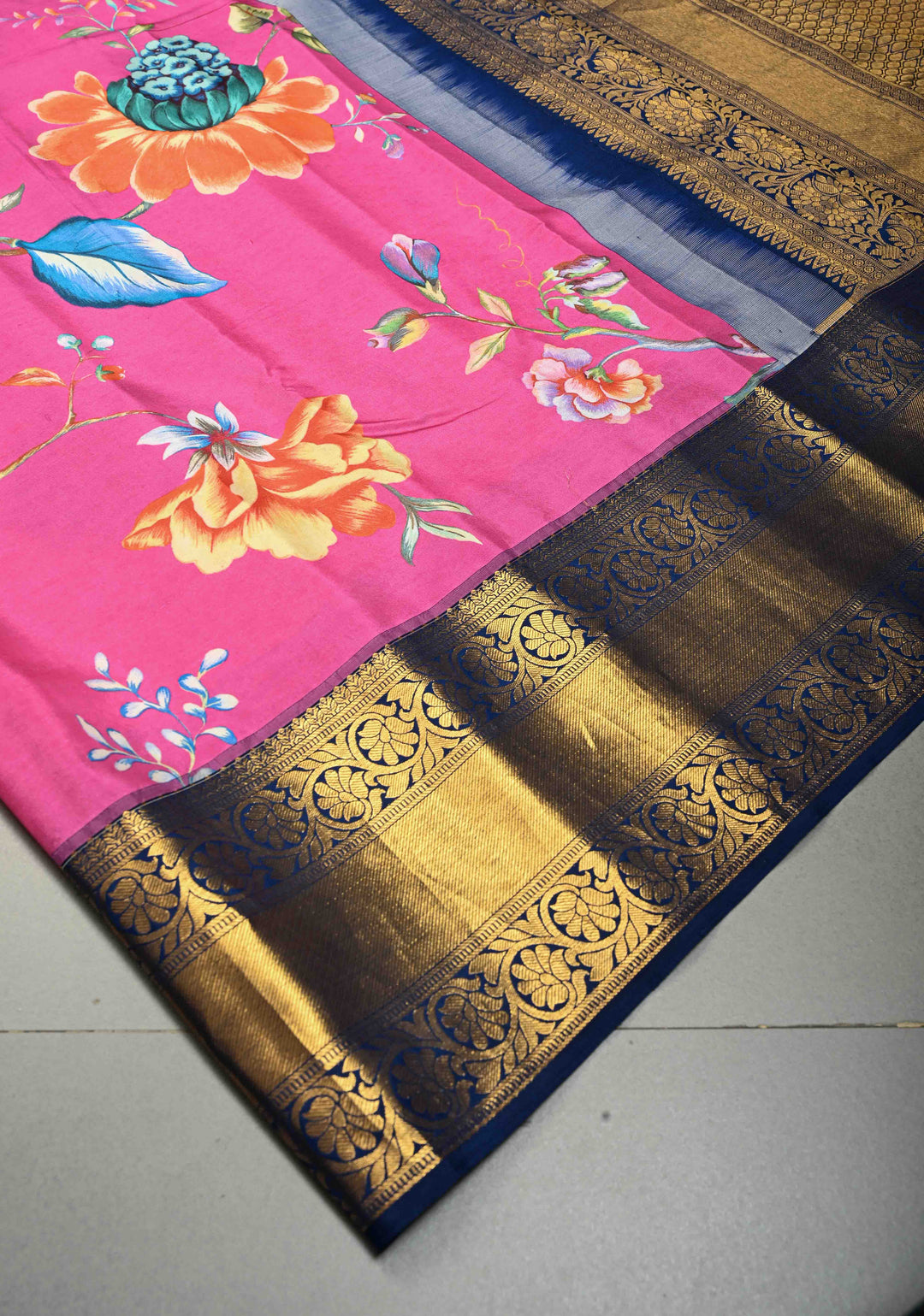 Pink Pure Kanjivaram Silk Saree with Floral Digital Print and Contrast Zari Border | SILK MARK CERTIFIED | Shobitam (Copy)