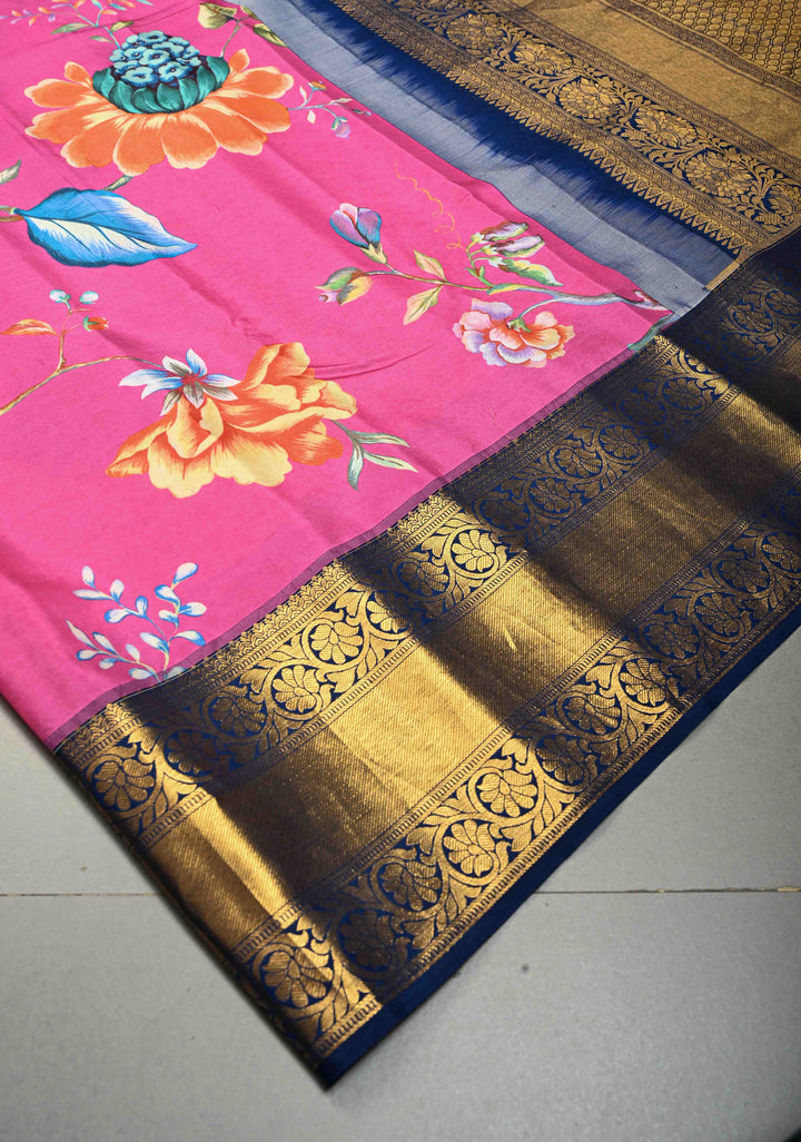 Pink Pure Kanjivaram Silk Saree with Floral Digital Print and Contrast Zari Border | SILK MARK CERTIFIED | Shobitam (Copy)