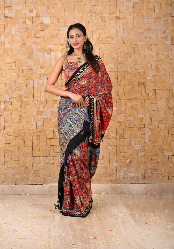 Full Handwork on Authentic Ajrakh on Modal Silk Saree in red