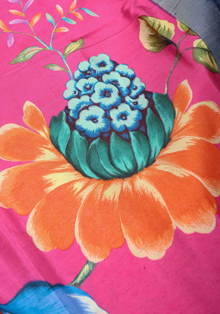 Pink Pure Kanjivaram Silk Saree with Floral Digital Print and Contrast Zari Border | SILK MARK CERTIFIED | Shobitam (Copy)