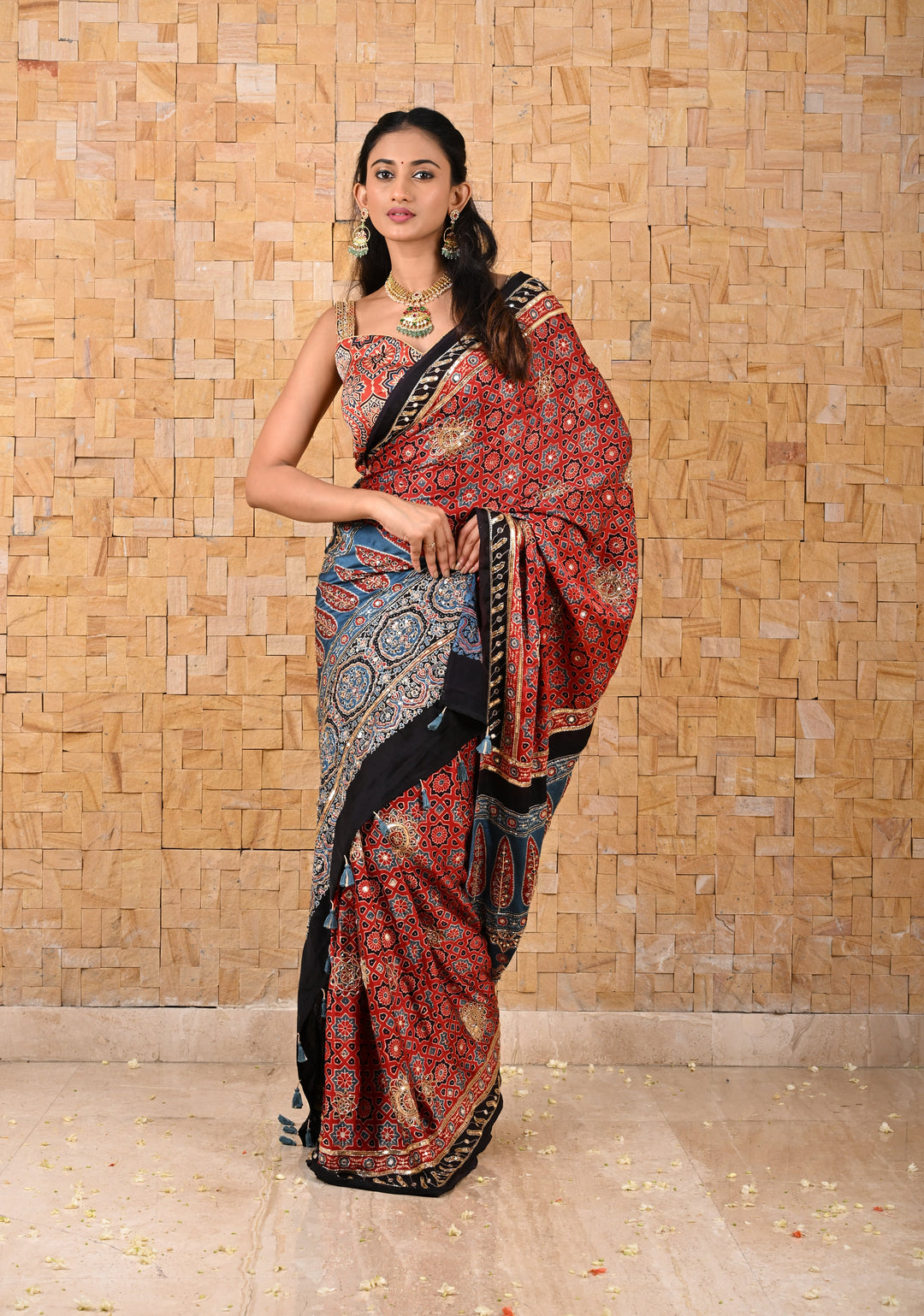 Full Handwork on Authentic Ajrakh on Modal Silk Saree in red