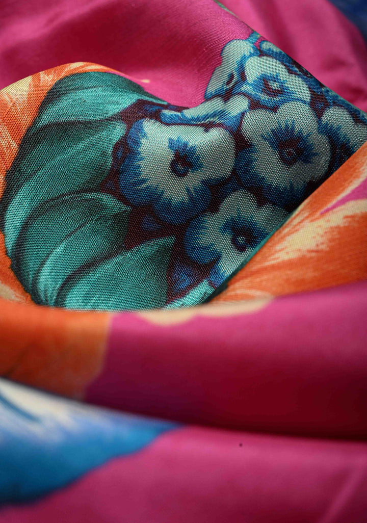 Pink Pure Kanjivaram Silk Saree with Floral Digital Print and Contrast Zari Border | SILK MARK CERTIFIED | Shobitam (Copy)