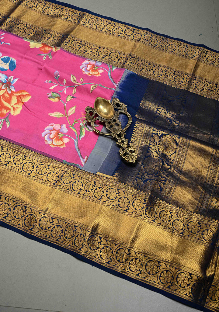 Pink Pure Kanjivaram Silk Saree with Floral Digital Print and Contrast Zari Border | SILK MARK CERTIFIED | Shobitam (Copy)