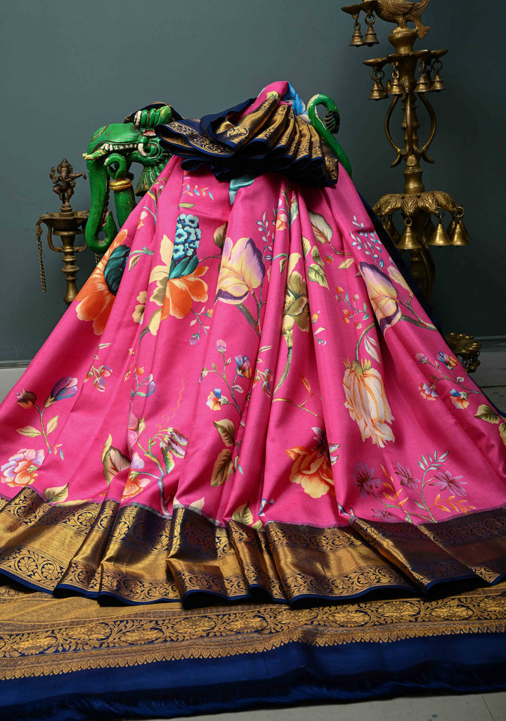 Pink Pure Kanjivaram Silk Saree with Floral Digital Print and Contrast Zari Border | SILK MARK CERTIFIED | Shobitam (Copy)