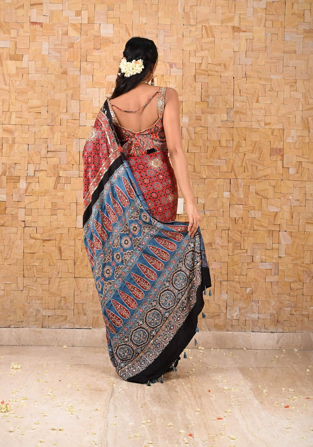 Full Handwork on Authentic Ajrakh on Modal Silk Saree in red