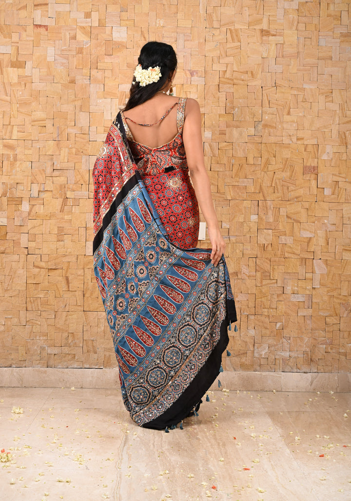 Full Handwork on Authentic Ajrakh on Modal Silk Saree in red