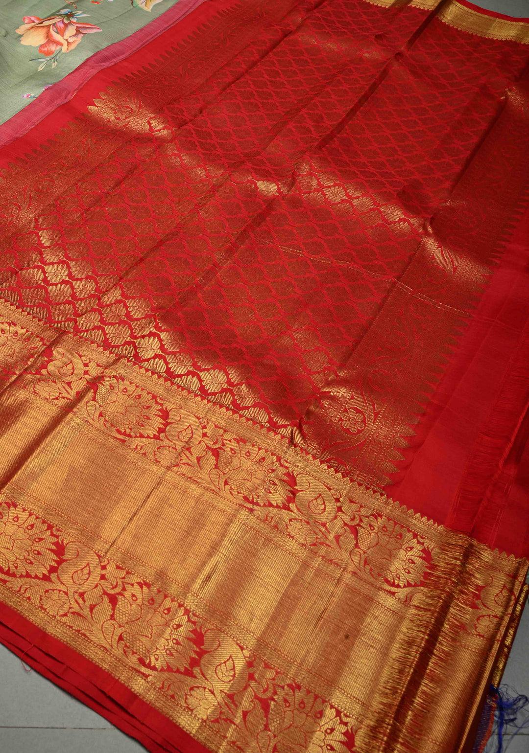 Dusty Sage Green Pure Kanjivaram Silk Saree with Floral Digital Print and Contrast Zari Border | SILK MARK CERTIFIED | SHOBITAM