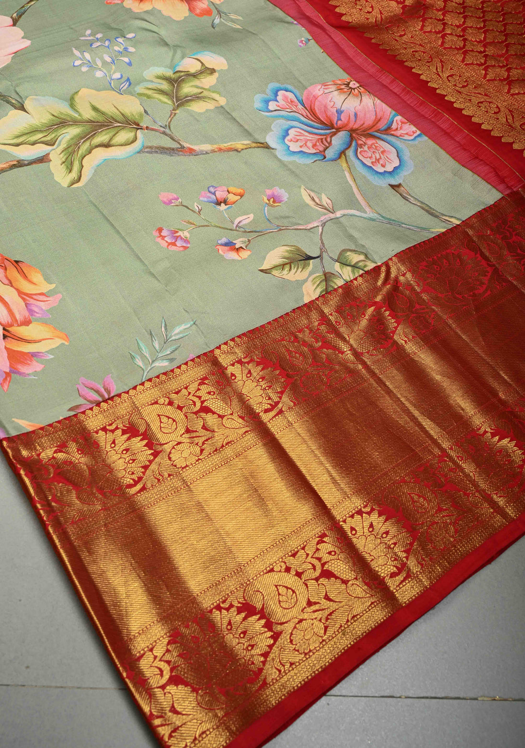 Dusty Sage Green Pure Kanjivaram Silk Saree with Floral Digital Print and Contrast Zari Border | SILK MARK CERTIFIED | SHOBITAM