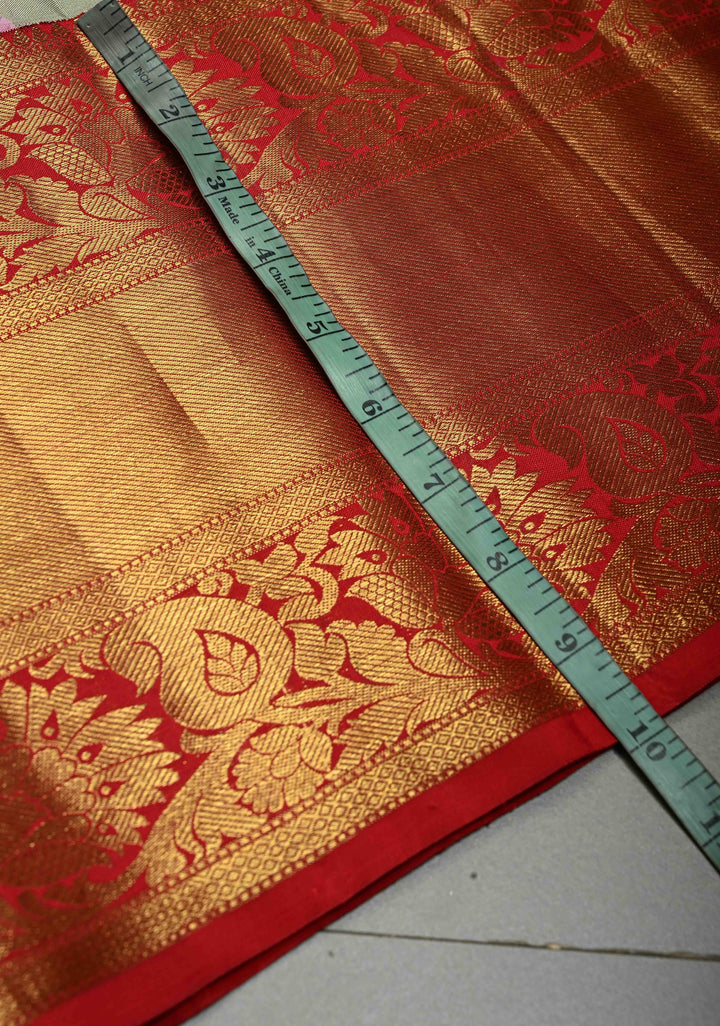 Dusty Sage Green Pure Kanjivaram Silk Saree with Floral Digital Print and Contrast Zari Border | SILK MARK CERTIFIED | SHOBITAM