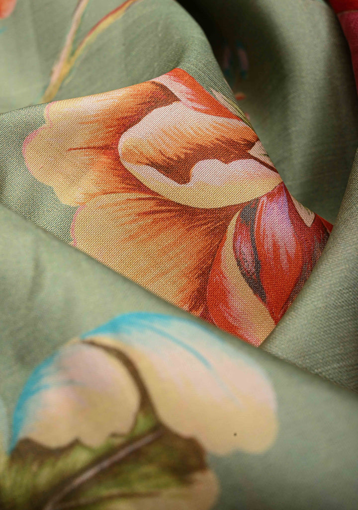 Dusty Sage Green Pure Kanjivaram Silk Saree with Floral Digital Print and Contrast Zari Border | SILK MARK CERTIFIED | SHOBITAM