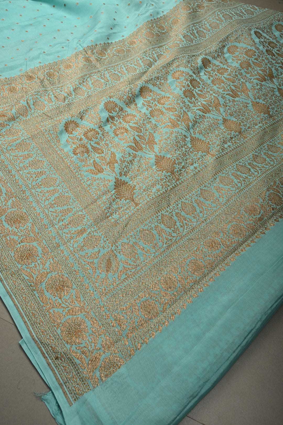 Sky Blue Banarasi Silk Georgette Saree with Antique Zari Chunri Buttis and Zari Border | SILK MARK CERTIFIED | SHOBITAM