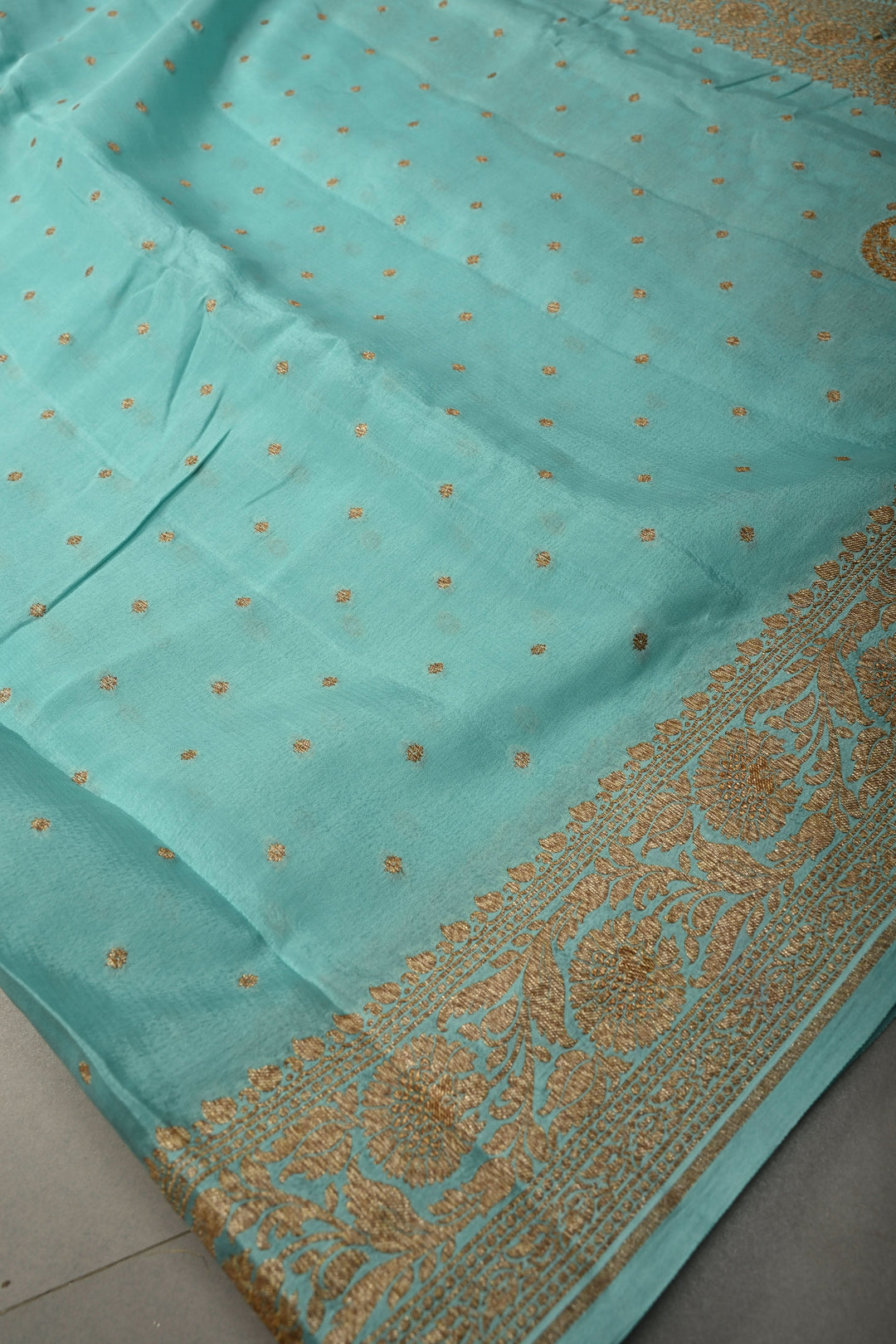 Sky Blue Banarasi Silk Georgette Saree with Antique Zari Chunri Buttis and Zari Border | SILK MARK CERTIFIED | SHOBITAM