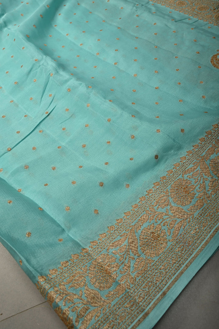 Sky Blue Banarasi Silk Georgette Saree with Antique Zari Chunri Buttis and Zari Border | SILK MARK CERTIFIED | SHOBITAM