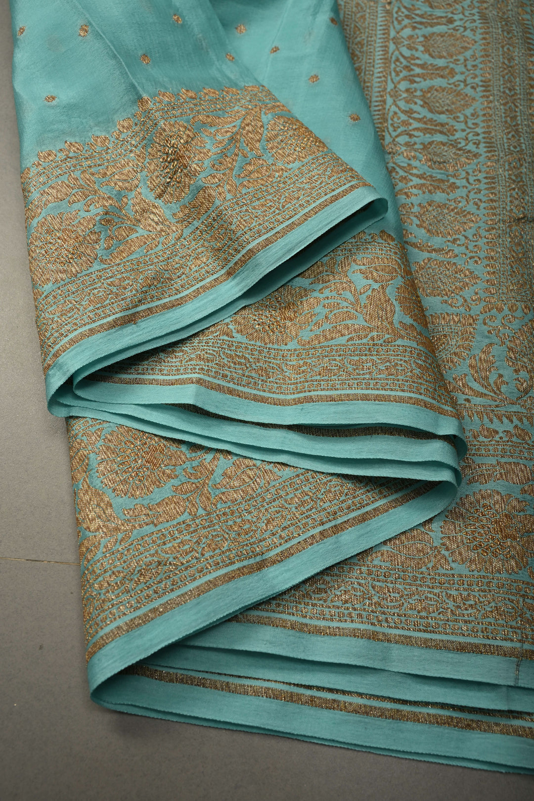 Sky Blue Banarasi Silk Georgette Saree with Antique Zari Chunri Buttis and Zari Border | SILK MARK CERTIFIED | SHOBITAM