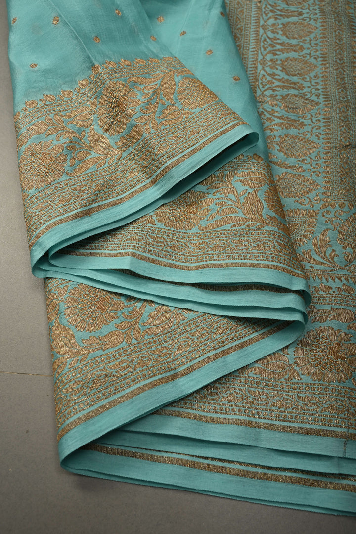 Sky Blue Banarasi Silk Georgette Saree with Antique Zari Chunri Buttis and Zari Border | SILK MARK CERTIFIED | SHOBITAM