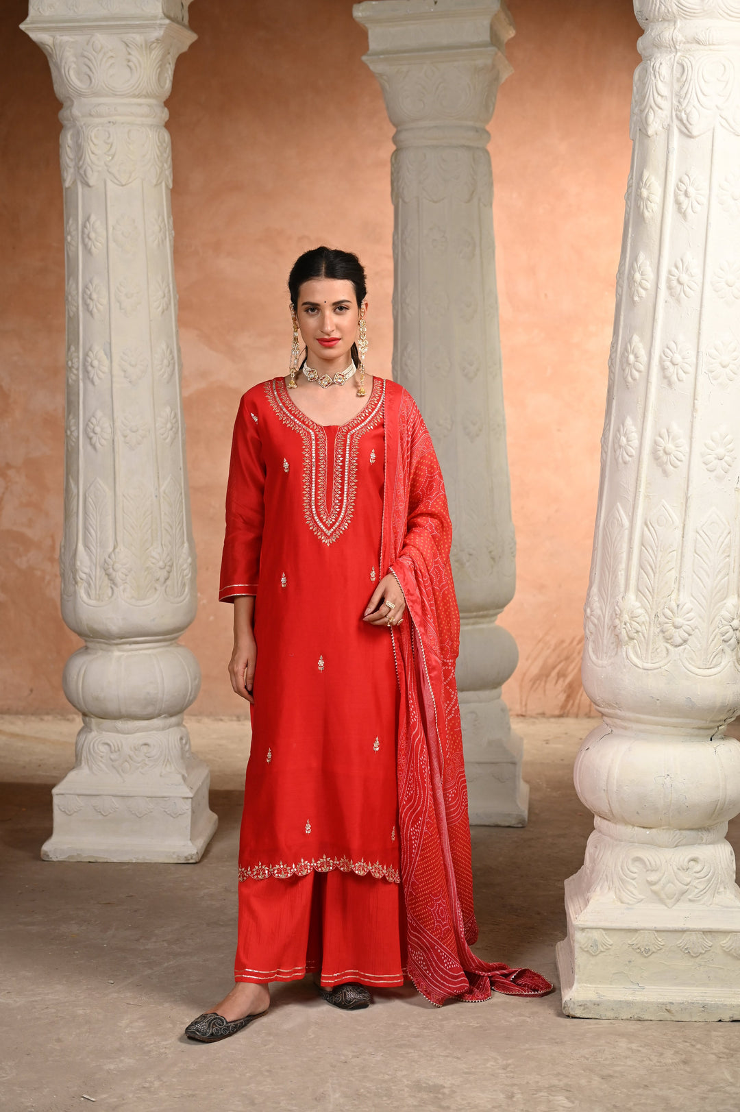 Red Shagun Pure Chanderi Pallazo set with Bandhani Dupatta - SET OF -3 | SHOBITAM