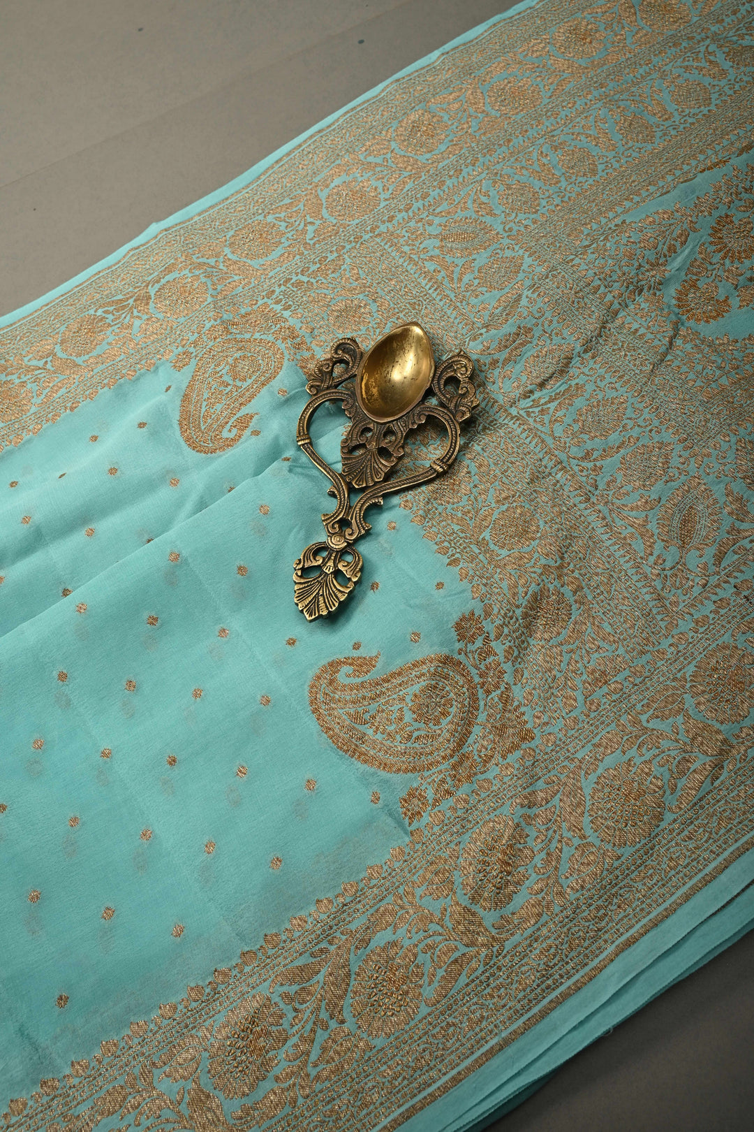 Sky Blue Banarasi Silk Georgette Saree with Antique Zari Chunri Buttis and Zari Border | SILK MARK CERTIFIED | SHOBITAM