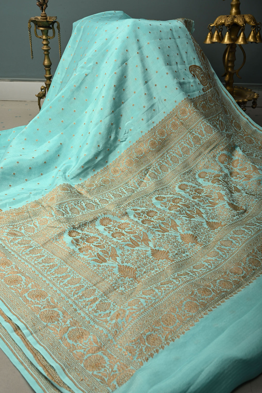 Sky Blue Banarasi Silk Georgette Saree with Antique Zari Chunri Buttis and Zari Border | SILK MARK CERTIFIED | SHOBITAM