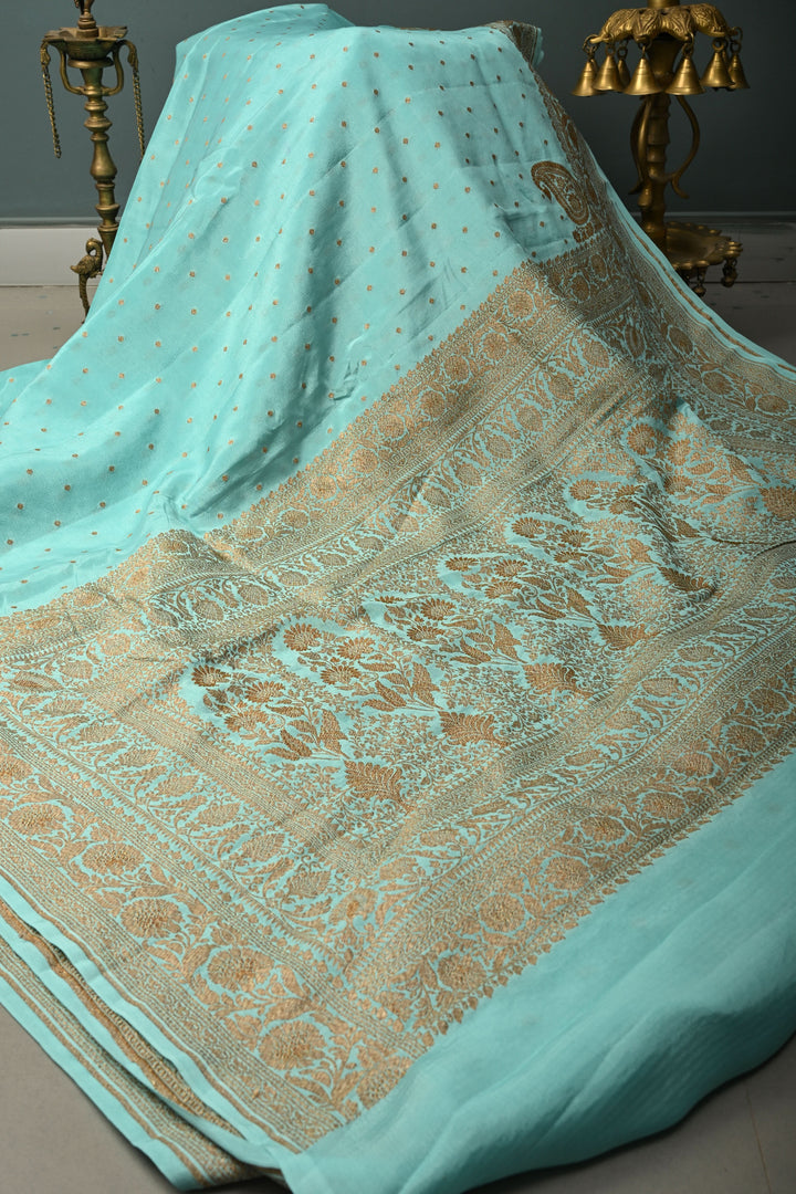 Sky Blue Banarasi Silk Georgette Saree with Antique Zari Chunri Buttis and Zari Border | SILK MARK CERTIFIED | SHOBITAM