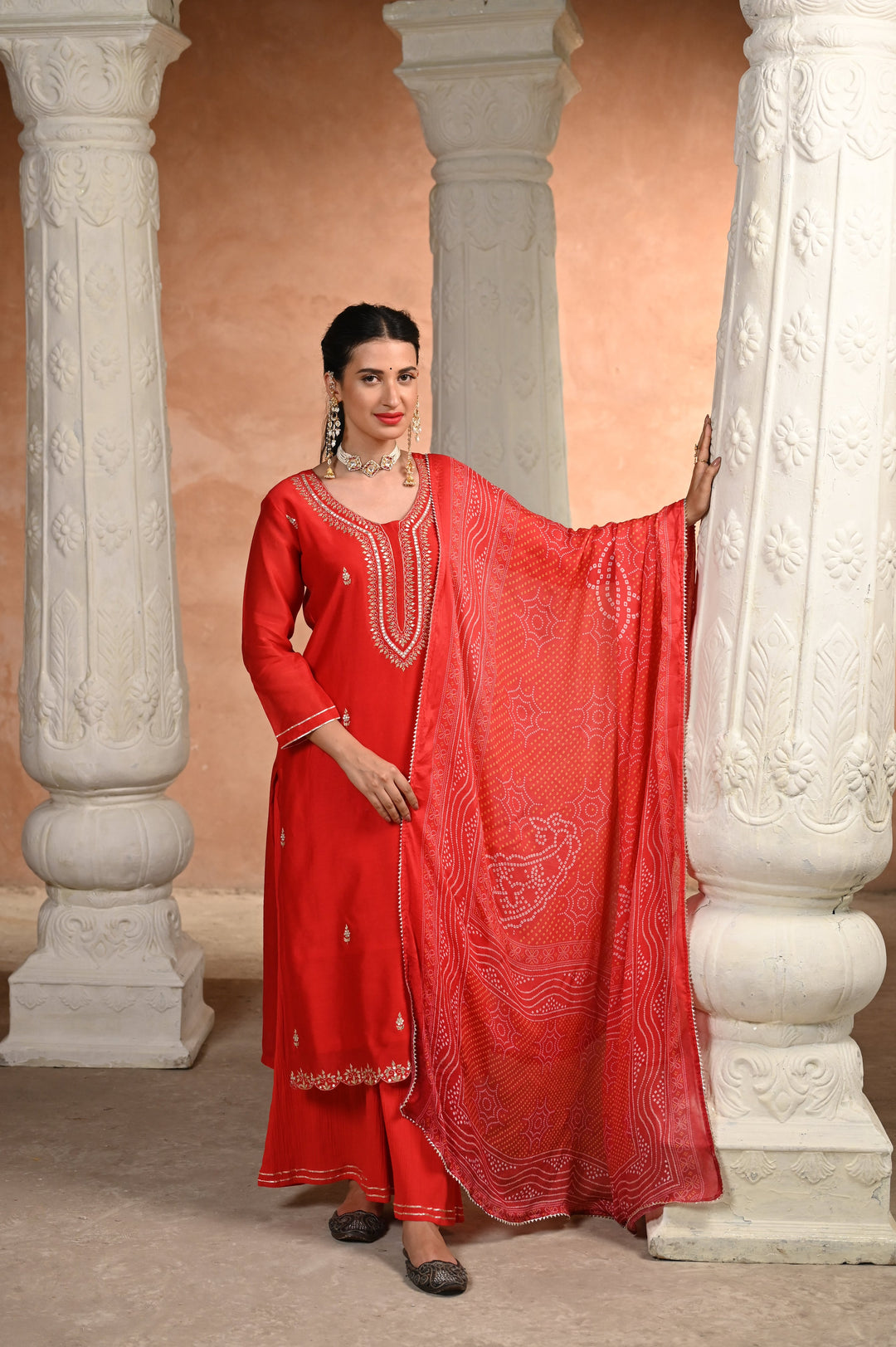 Red Shagun Pure Chanderi Pallazo set with Bandhani Dupatta - SET OF -3 | SHOBITAM