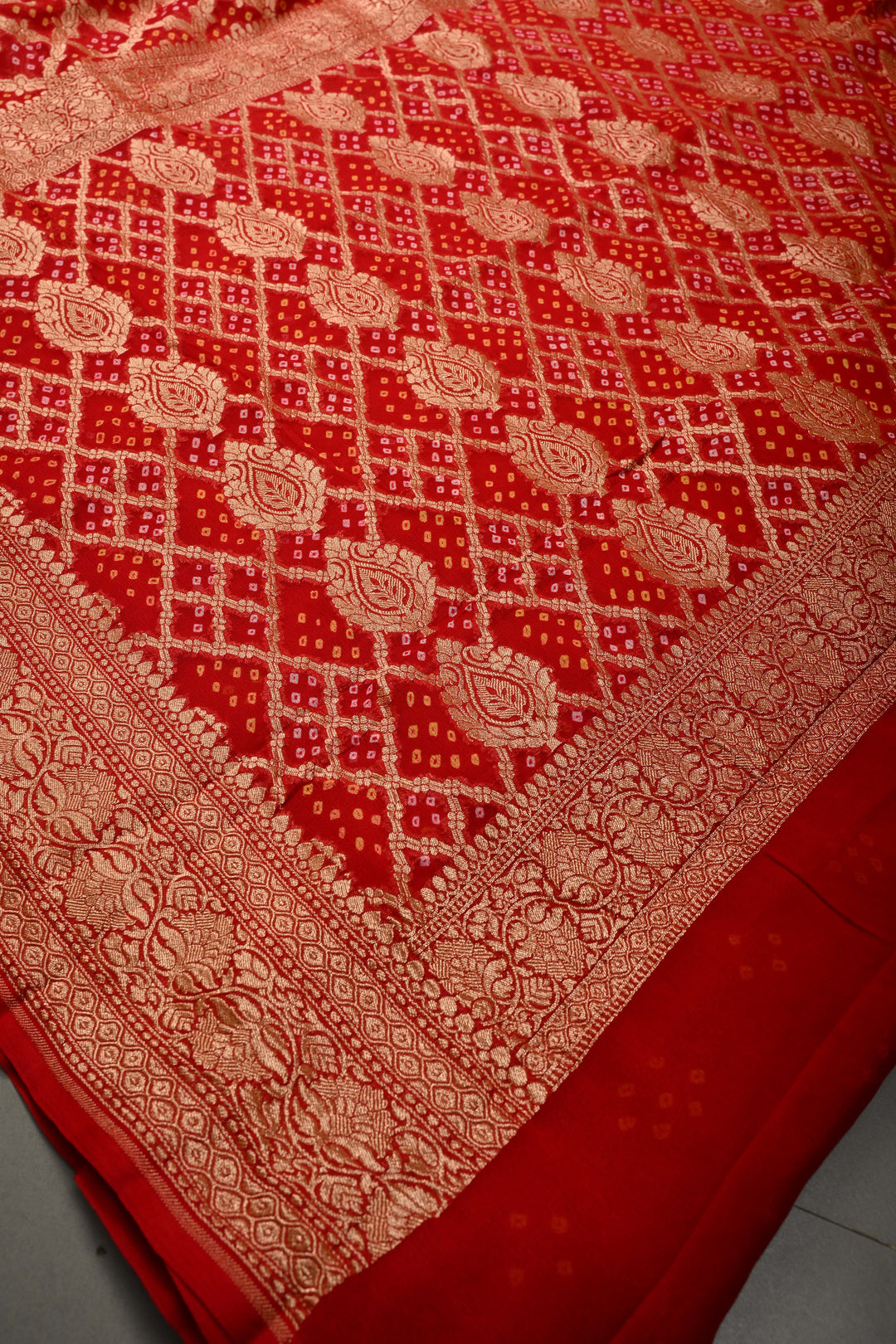 Blood Red Authentic Ombre- Bandhej Georgette Saree with Floral Zari Jaal and Zari Boder | SILK MARK CERTIFIED | SHOBITAM