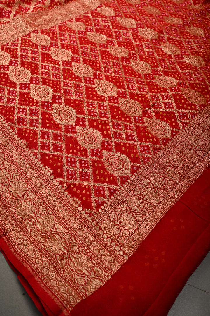 Blood Red Authentic Ombre- Bandhej Georgette Saree with Floral Zari Jaal and Zari Boder | SILK MARK CERTIFIED | SHOBITAM