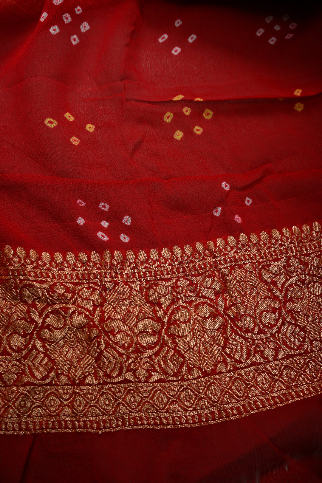 Blood Red Authentic Ombre- Bandhej Georgette Saree with Floral Zari Jaal and Zari Boder | SILK MARK CERTIFIED | SHOBITAM