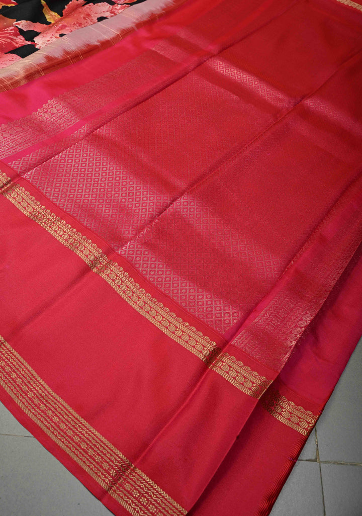 Black Pure Kanjivaram Silk Saree with Digital Print and Contrast Rettaipet Zari Border | SILK MARK CERTIFIED | SHOBITAM