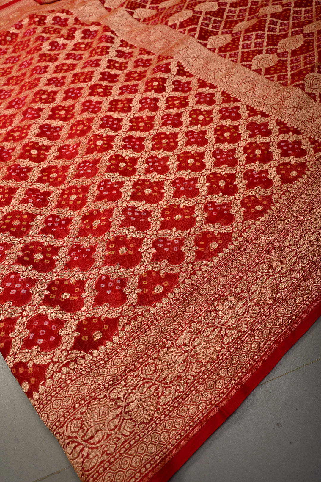 Blood Red Authentic Ombre- Bandhej Georgette Saree with Floral Zari Jaal and Zari Boder | SILK MARK CERTIFIED | SHOBITAM