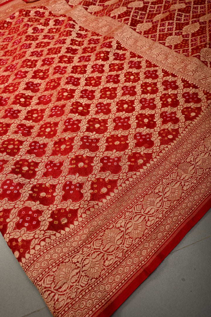 Blood Red Authentic Ombre- Bandhej Georgette Saree with Floral Zari Jaal and Zari Boder | SILK MARK CERTIFIED | SHOBITAM