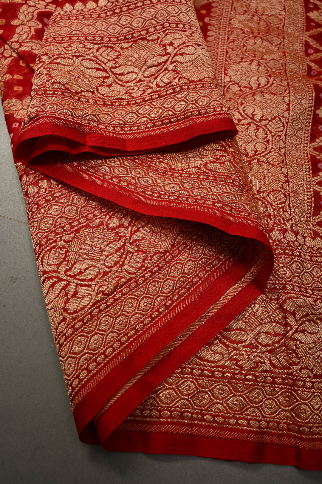 Blood Red Authentic Ombre- Bandhej Georgette Saree with Floral Zari Jaal and Zari Boder | SILK MARK CERTIFIED | SHOBITAM