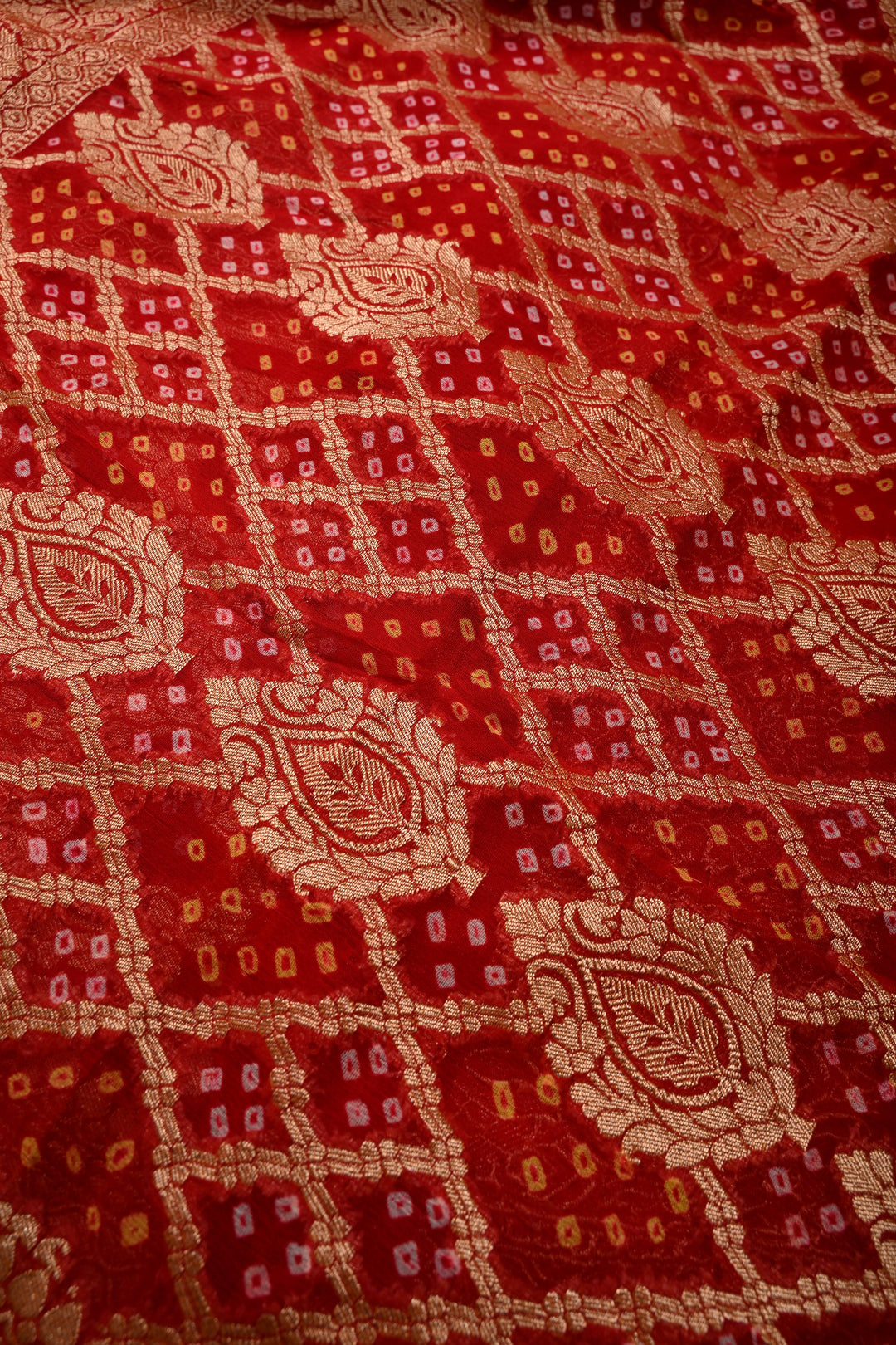 Blood Red Authentic Ombre- Bandhej Georgette Saree with Floral Zari Jaal and Zari Boder | SILK MARK CERTIFIED | SHOBITAM
