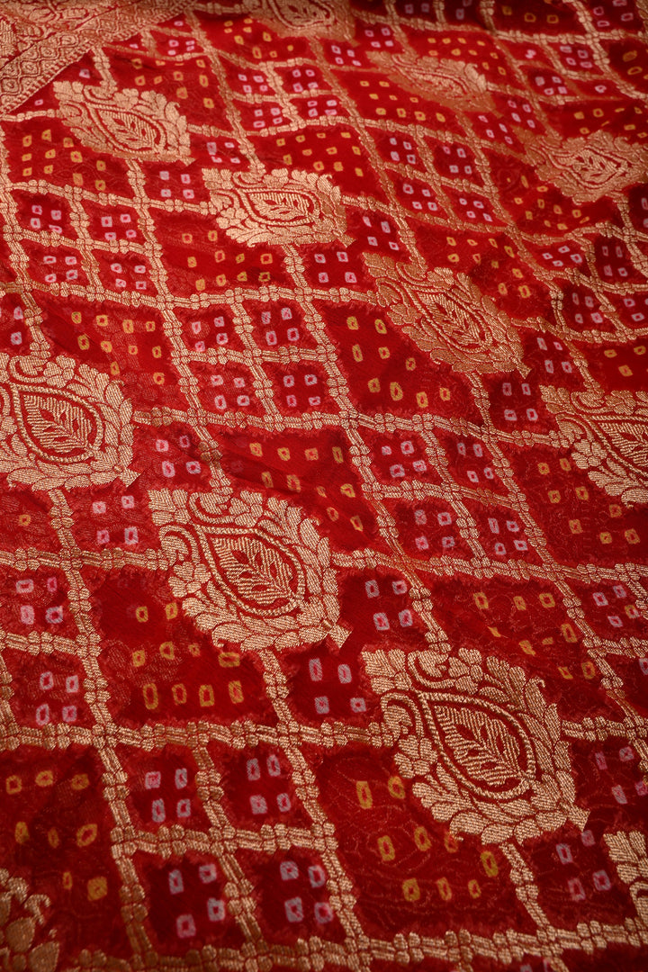 Blood Red Authentic Ombre- Bandhej Georgette Saree with Floral Zari Jaal and Zari Boder | SILK MARK CERTIFIED | SHOBITAM