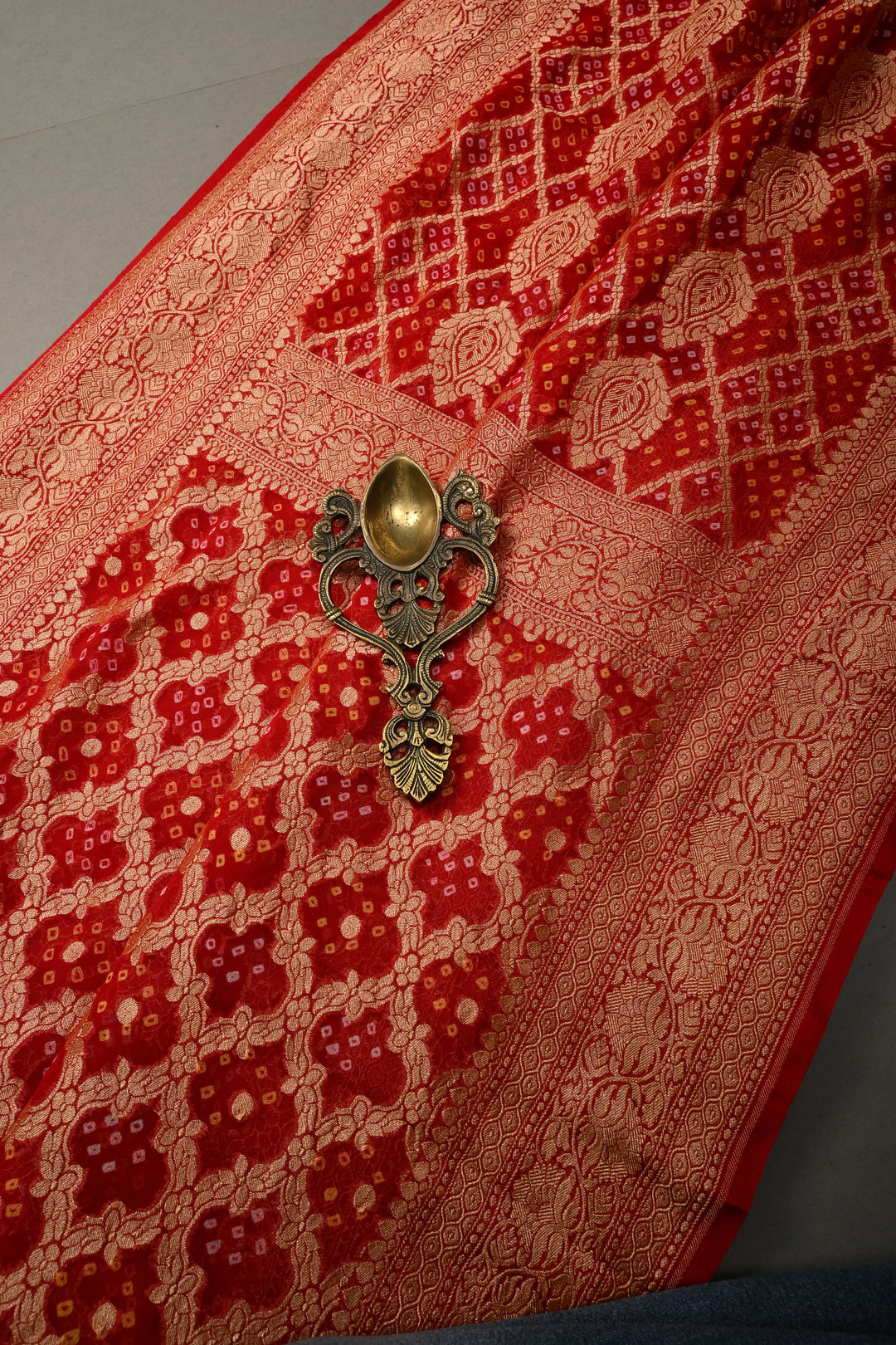Blood Red Authentic Ombre- Bandhej Georgette Saree with Floral Zari Jaal and Zari Boder | SILK MARK CERTIFIED | SHOBITAM