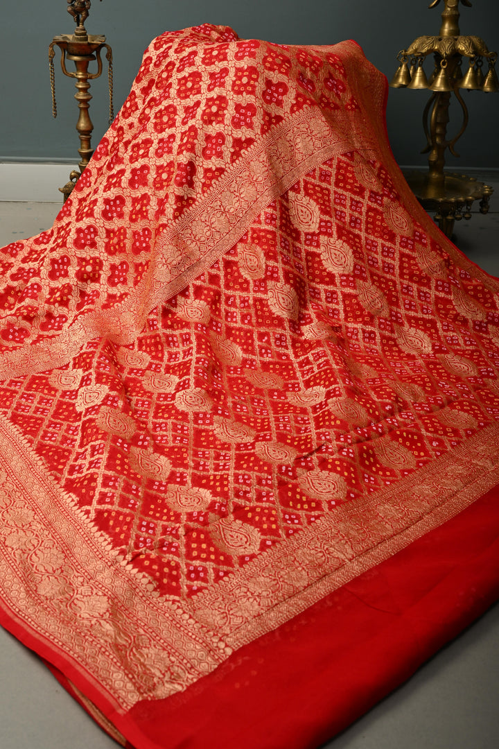 Blood Red Authentic Ombre- Bandhej Georgette Saree with Floral Zari Jaal and Zari Boder | SILK MARK CERTIFIED | SHOBITAM