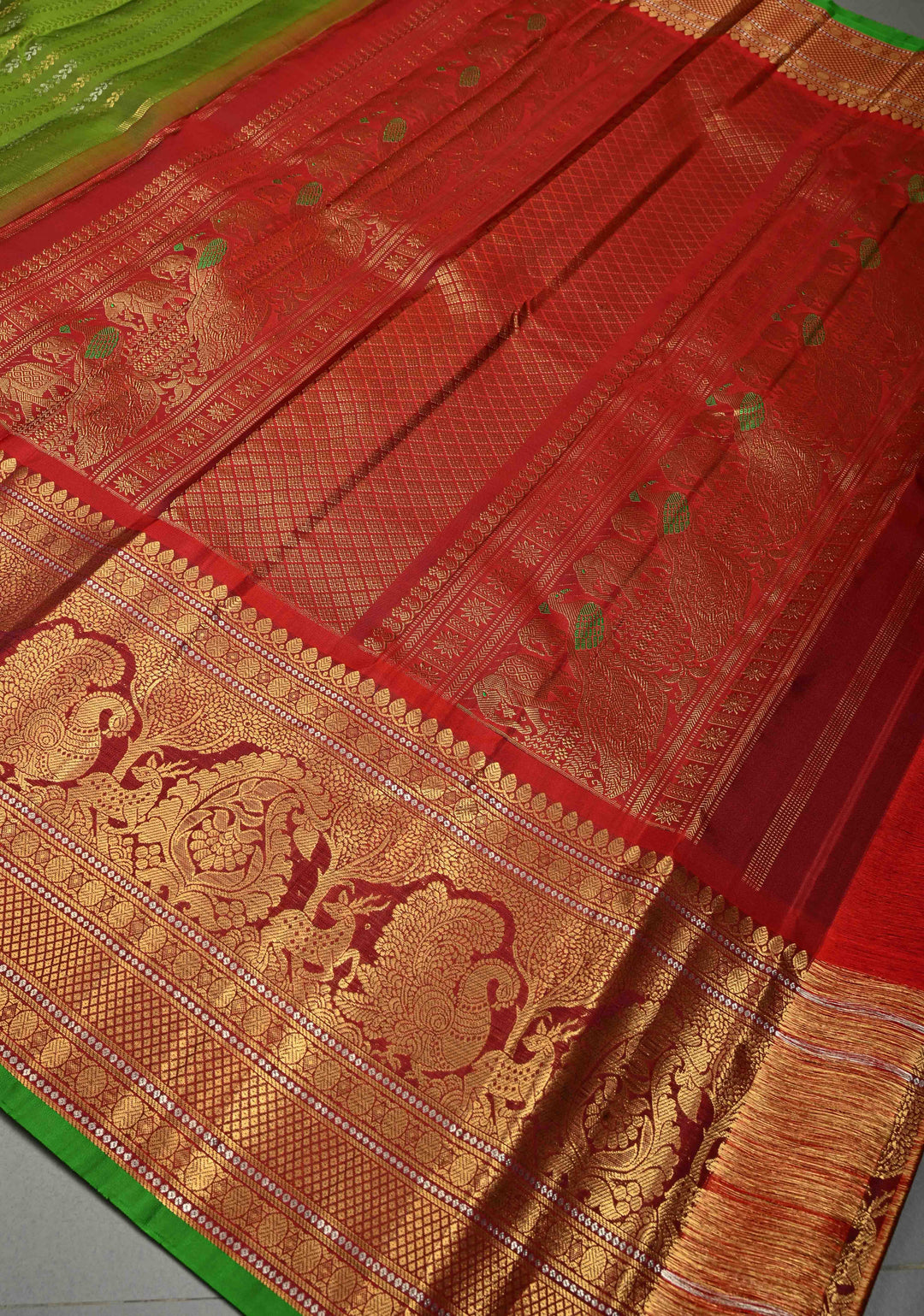 Deep Lime Green Pure Gadwal Silk Saree with Gold & Silver Ornate Zari Stripes and Contrast Wide Zari Border | SILK MARK CERTIFIED | SHOBITAM