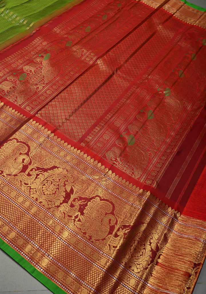 Deep Lime Green Pure Gadwal Silk Saree with Gold & Silver Ornate Zari Stripes and Contrast Wide Zari Border | SILK MARK CERTIFIED | SHOBITAM