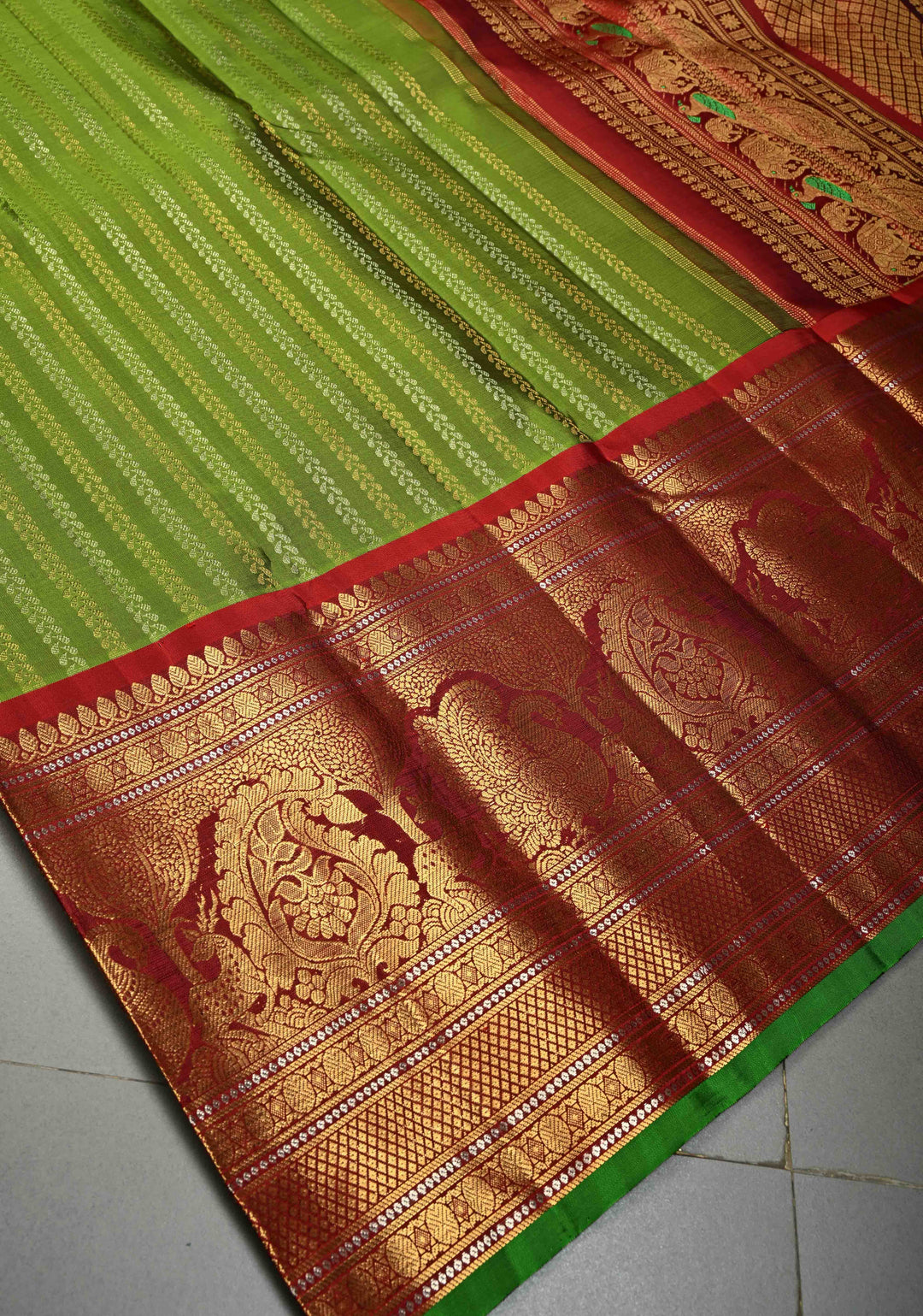 Deep Lime Green Pure Gadwal Silk Saree with Gold & Silver Ornate Zari Stripes and Contrast Wide Zari Border | SILK MARK CERTIFIED | SHOBITAM