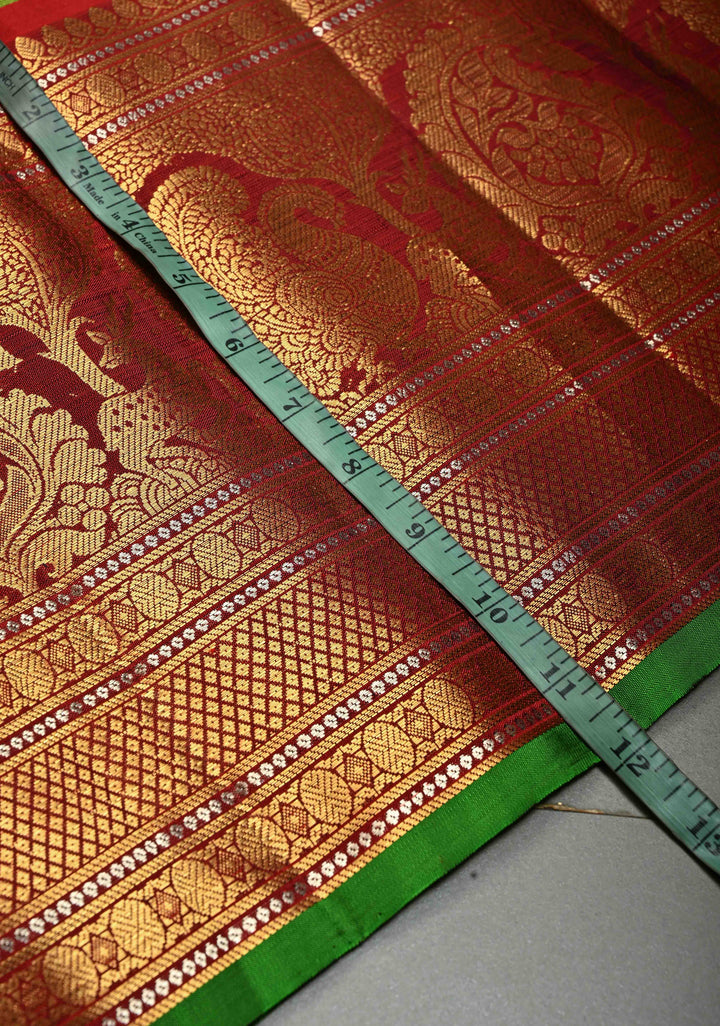 Deep Lime Green Pure Gadwal Silk Saree with Gold & Silver Ornate Zari Stripes and Contrast Wide Zari Border | SILK MARK CERTIFIED | SHOBITAM