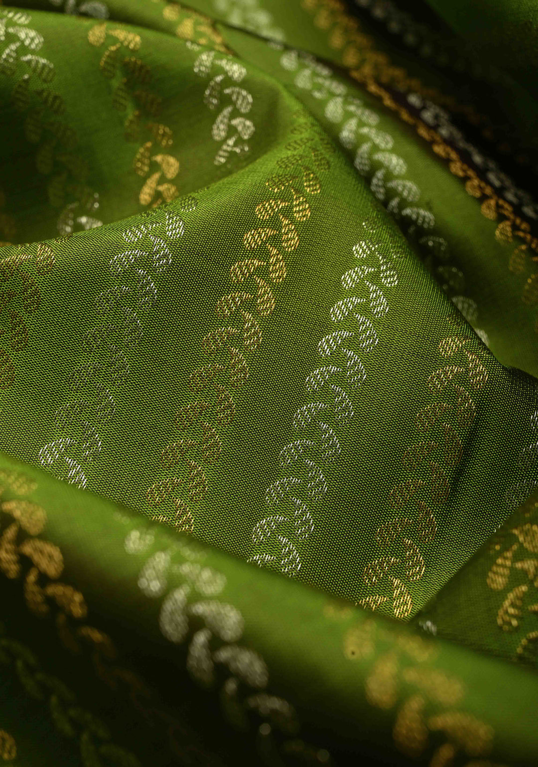 Deep Lime Green Pure Gadwal Silk Saree with Gold & Silver Ornate Zari Stripes and Contrast Wide Zari Border | SILK MARK CERTIFIED | SHOBITAM