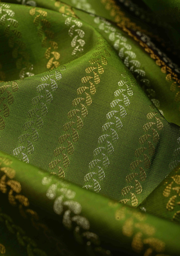 Deep Lime Green Pure Gadwal Silk Saree with Gold & Silver Ornate Zari Stripes and Contrast Wide Zari Border | SILK MARK CERTIFIED | SHOBITAM