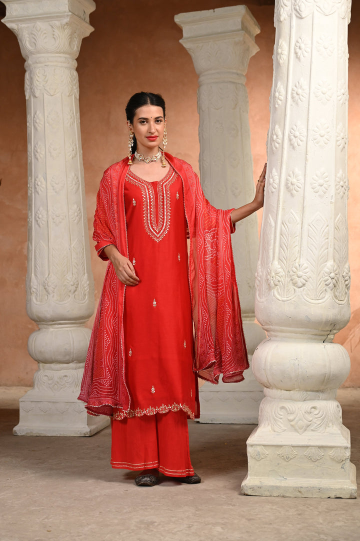 Red Shagun Pure Chanderi Pallazo set with Bandhani Dupatta - SET OF -3 | SHOBITAM