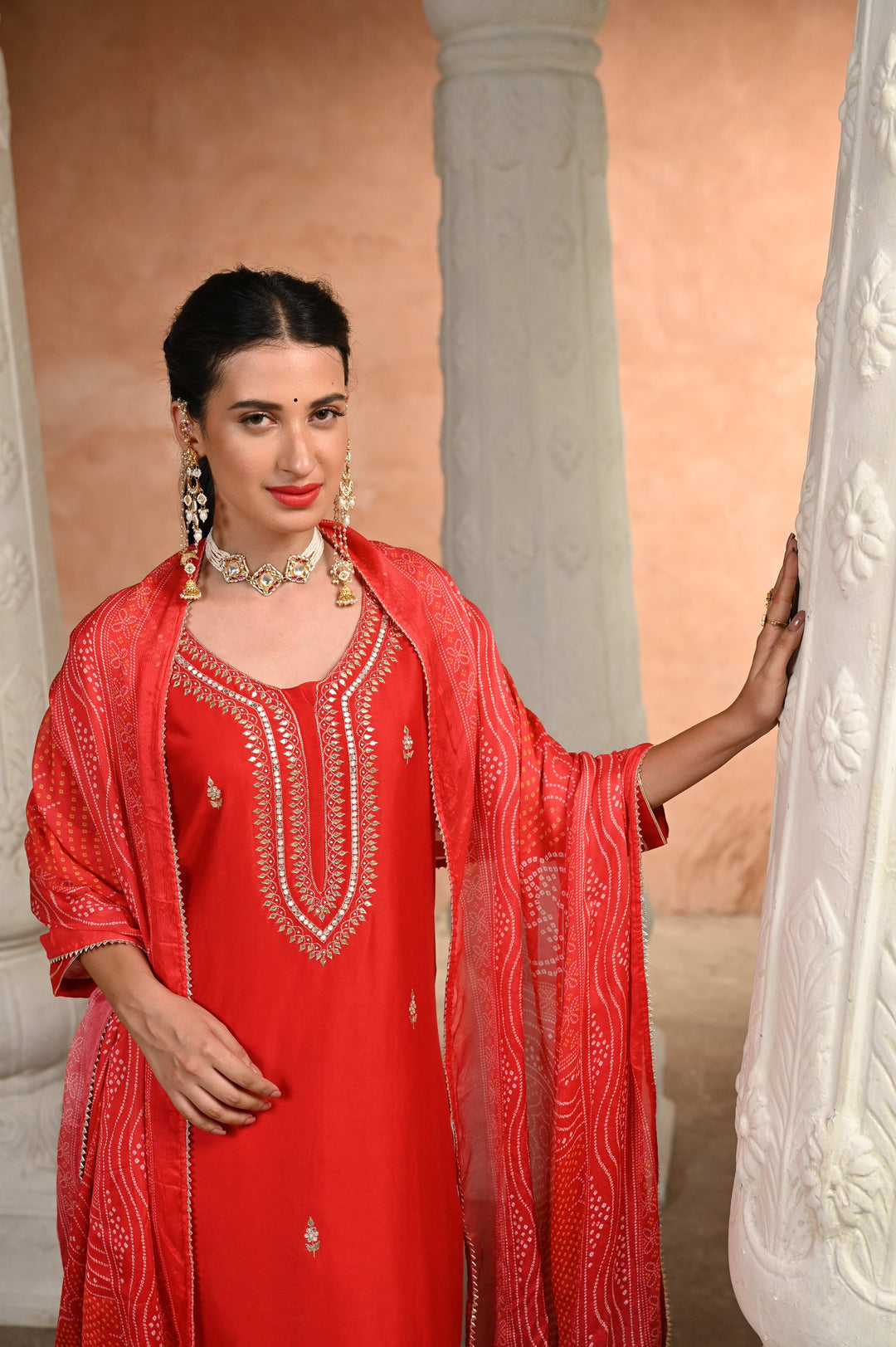 Red Shagun Pure Chanderi Pallazo set with Bandhani Dupatta - SET OF -3 | SHOBITAM