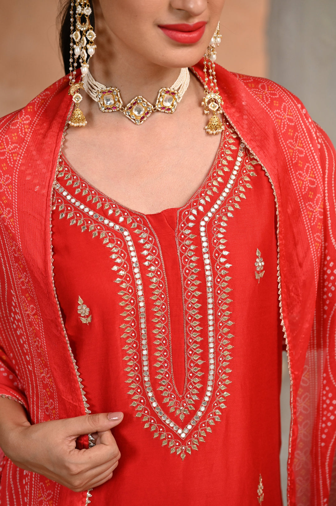 Red Shagun Pure Chanderi Pallazo set with Bandhani Dupatta - SET OF -3 | SHOBITAM