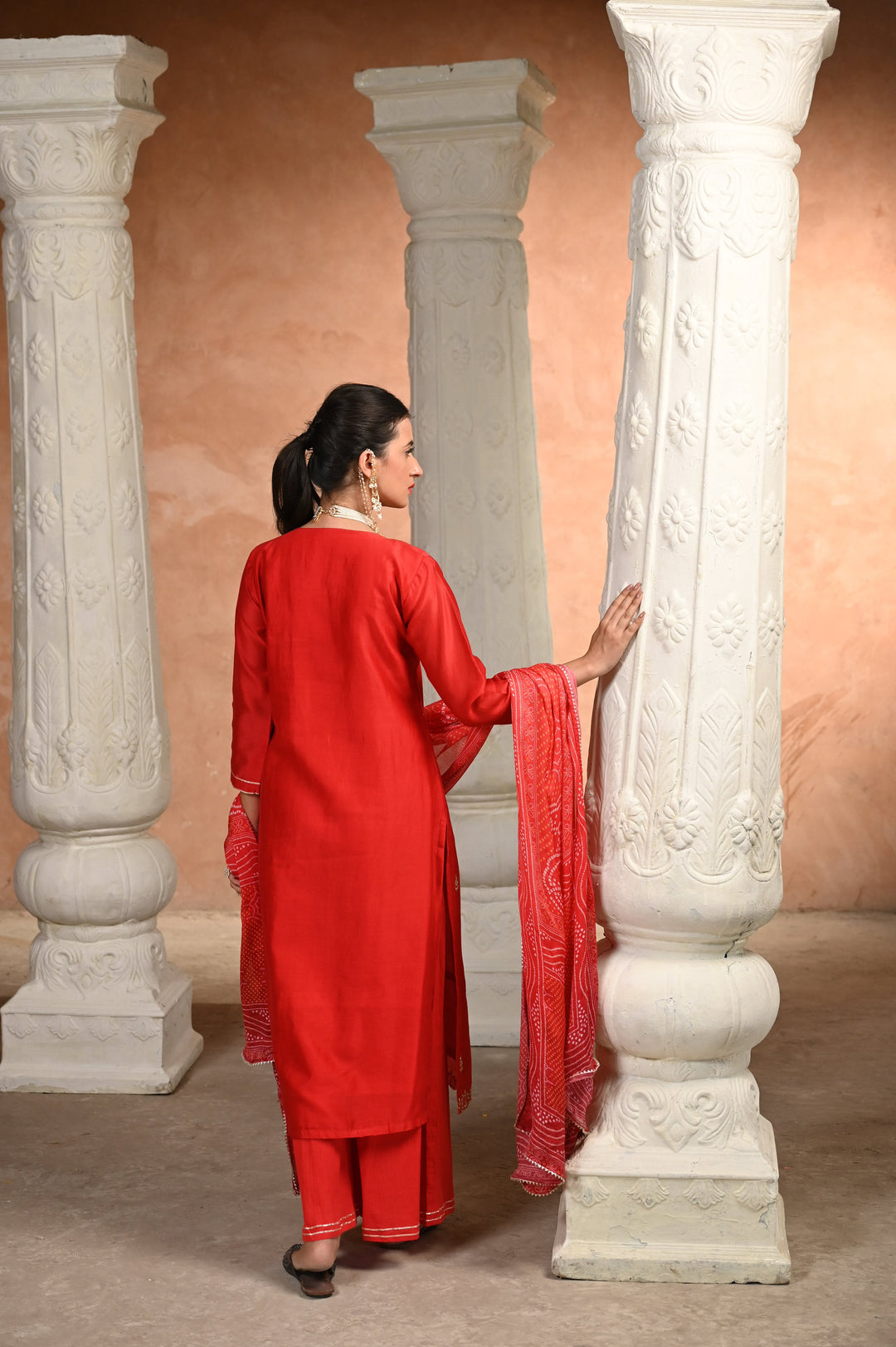 Red Shagun Pure Chanderi Pallazo set with Bandhani Dupatta - SET OF -3 | SHOBITAM