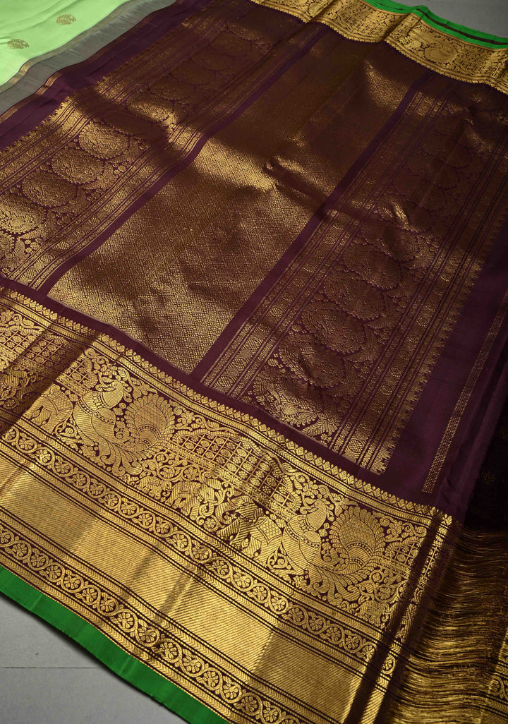 Pista Green Korvai Pure Gadwal Silk Saree with Zari Buttas and Contrast Wide Zari Border | SILK MARK CERTIFIED | SHOBITAM