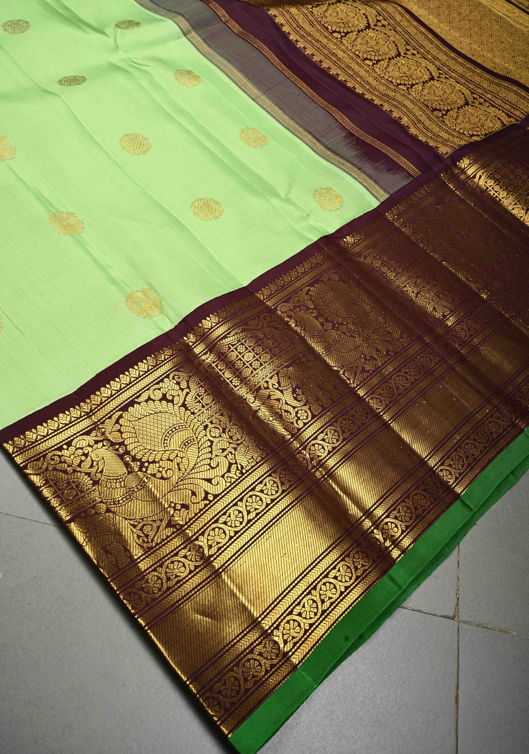 Pista Green Korvai Pure Gadwal Silk Saree with Zari Buttas and Contrast Wide Zari Border | SILK MARK CERTIFIED | SHOBITAM