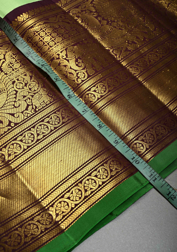 Pista Green Korvai Pure Gadwal Silk Saree with Zari Buttas and Contrast Wide Zari Border | SILK MARK CERTIFIED | SHOBITAM