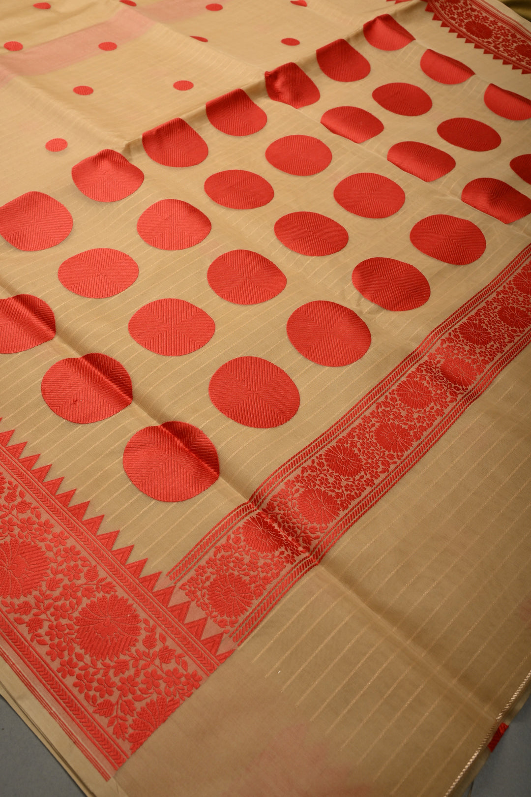 Beige Banarasi Kora Silk Saree with Resham Polka Dots and Contrast Floral Border| SILK MARK CERTIFIED | SHOBITAM
